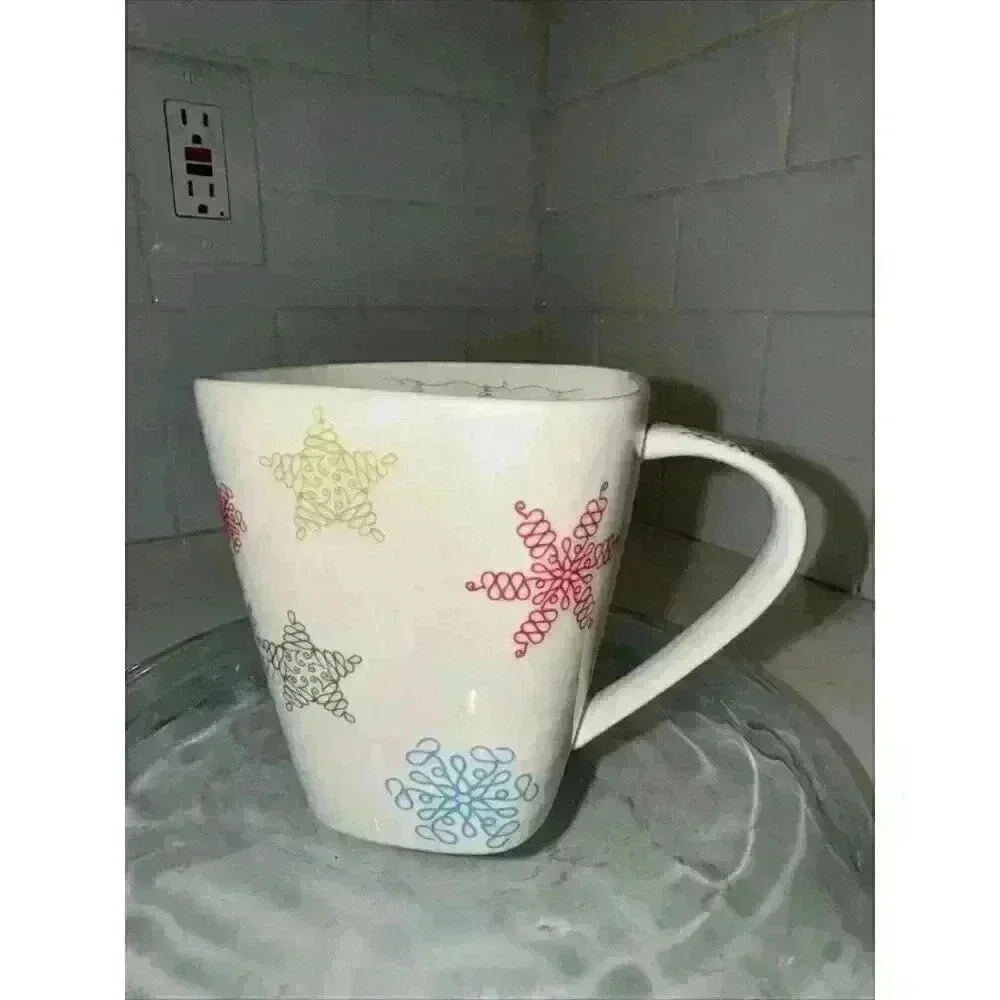 Starbucks 2005 Whimsical Holiday Square Coffee Mug Cup Snowflakes Stars 10 Oz